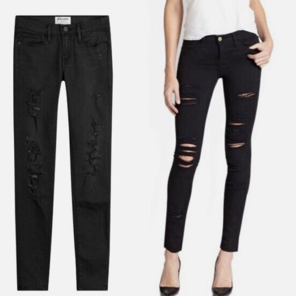 Worn 1x ! FRAME DENIM Le Skinny De Jeanne Black Ripped Destroyed Jeans Size 28